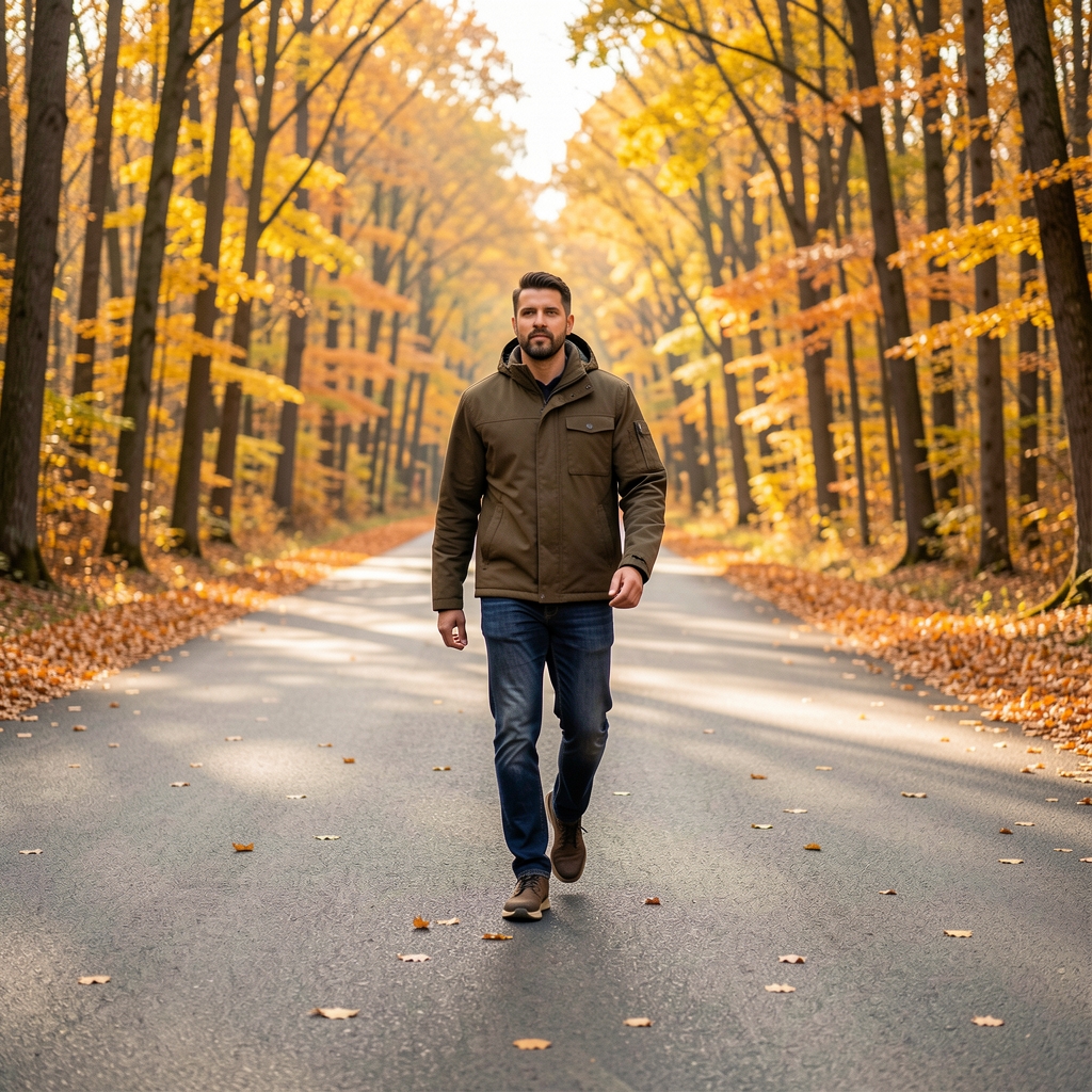Man walking purposefully along a wide empty road through an autumn forest with golden leaves on the ground, representing active daily movement and engagement with the natural environment