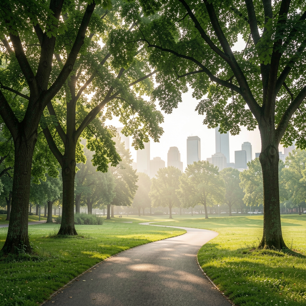 Atmospheric photograph of a green city park with large trees, a winding footpath, and gentle morning light filtering through foliage, with a distant urban skyline