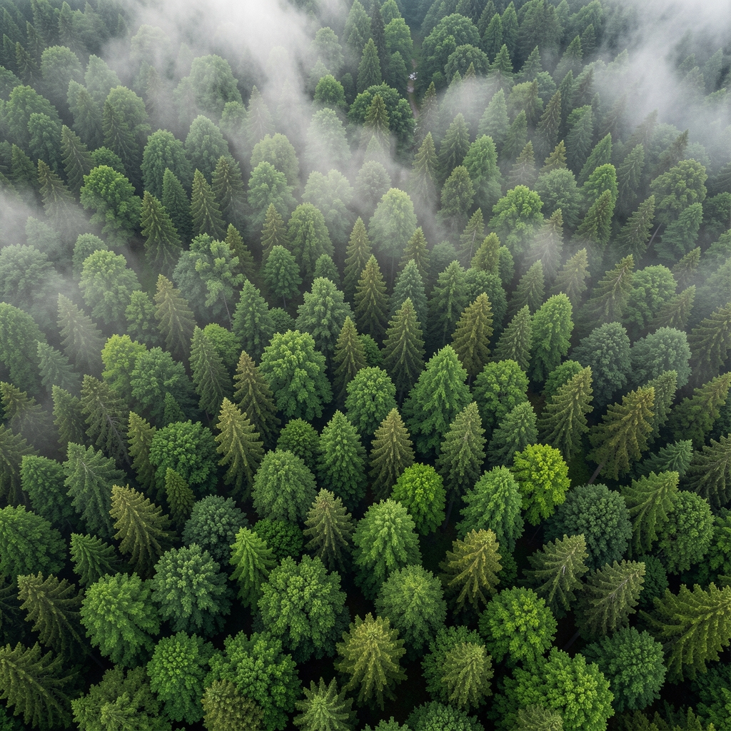 Aerial view of a dense green forest canopy from above, with mist drifting between the trees, conveying the quiet power of the natural environment