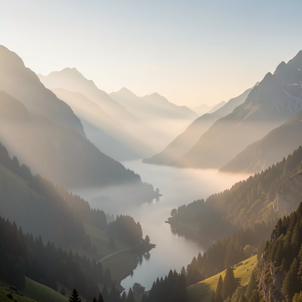 Serene early morning mountain landscape with soft golden light casting long shadows across a misty valley, evoking calm and clarity
