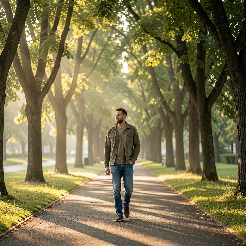 A person in casual clothing walking along a quiet tree-lined path in a park during early morning, surrounded by dappled light through leaves
