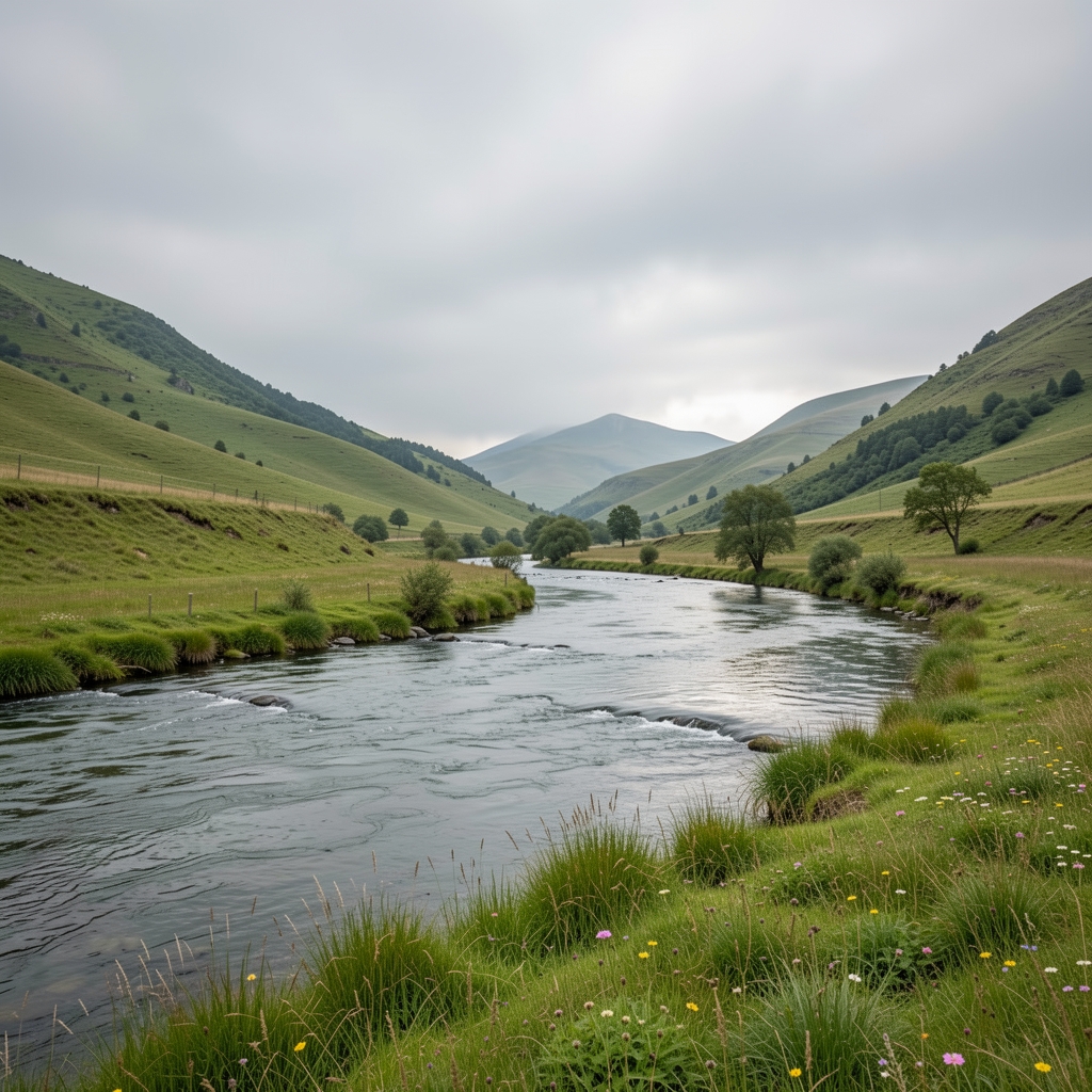 Wide view of a calm natural landscape with a flowing river, green hills, and overcast sky, symbolizing interconnected natural systems and balance